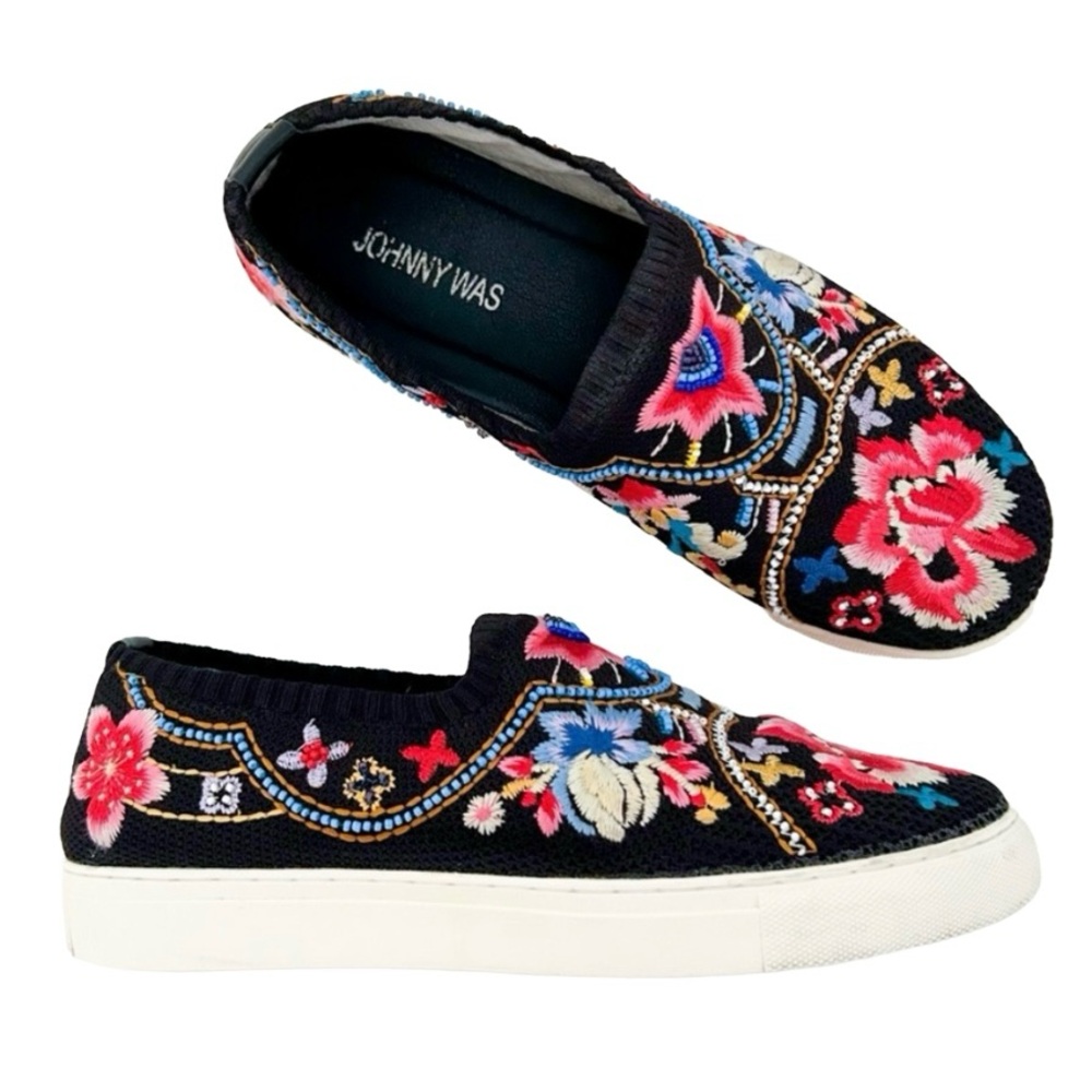 Johnny Was Festival Slip On Sneaker Floral Loafer Beaded Black Pink Boho 9.5 - Picture 1 of 10